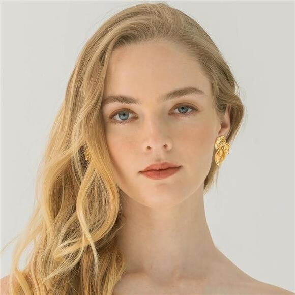 Floral Gold Earrings | 14K Gold Plated 3D Petal Dangle Earrings - Picture 5 of 6
